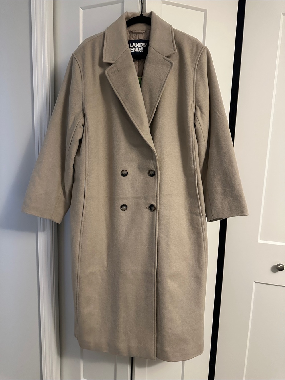 Lands End Womens Double-Breasted Long Taupe Coat, 18W, NWT